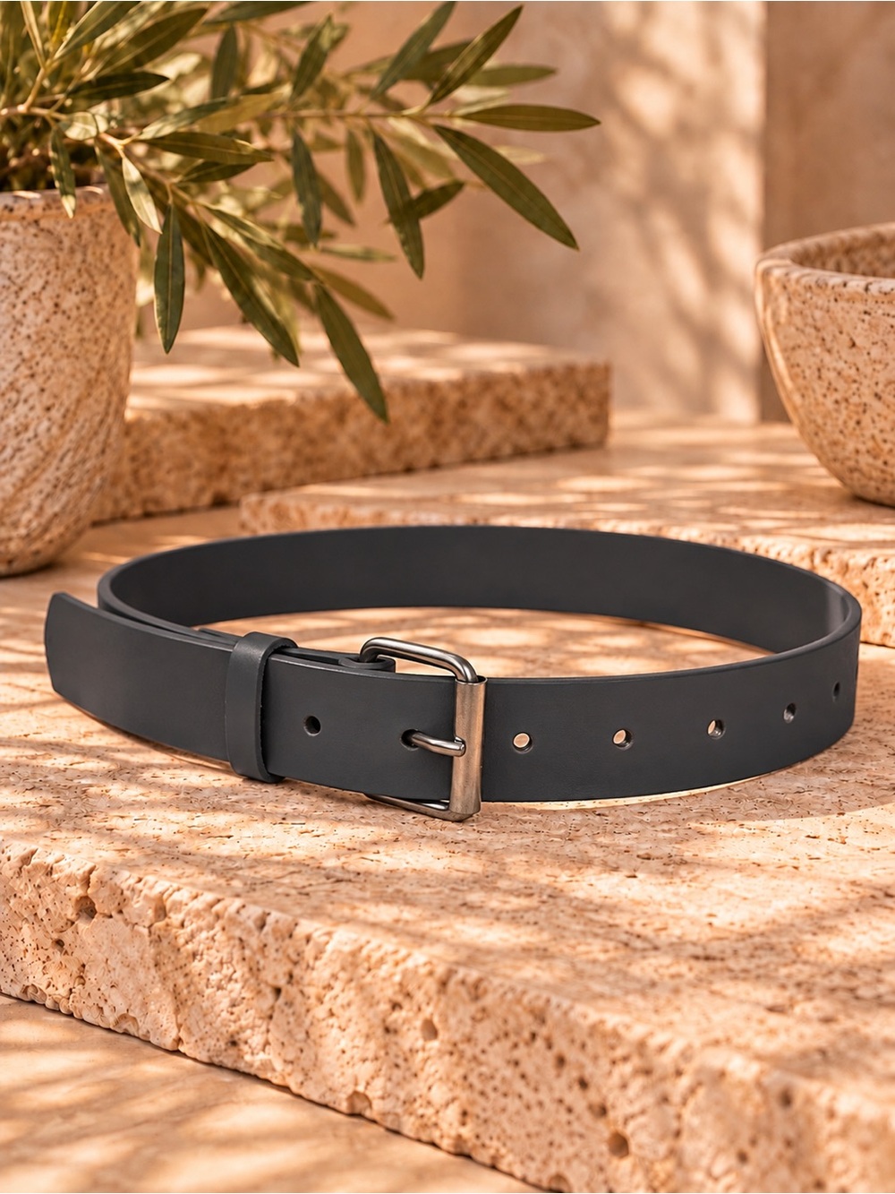 Charcoal Gray Faux Leather Belt Silver Buckle Minimalist Classic 1.5” x 33”